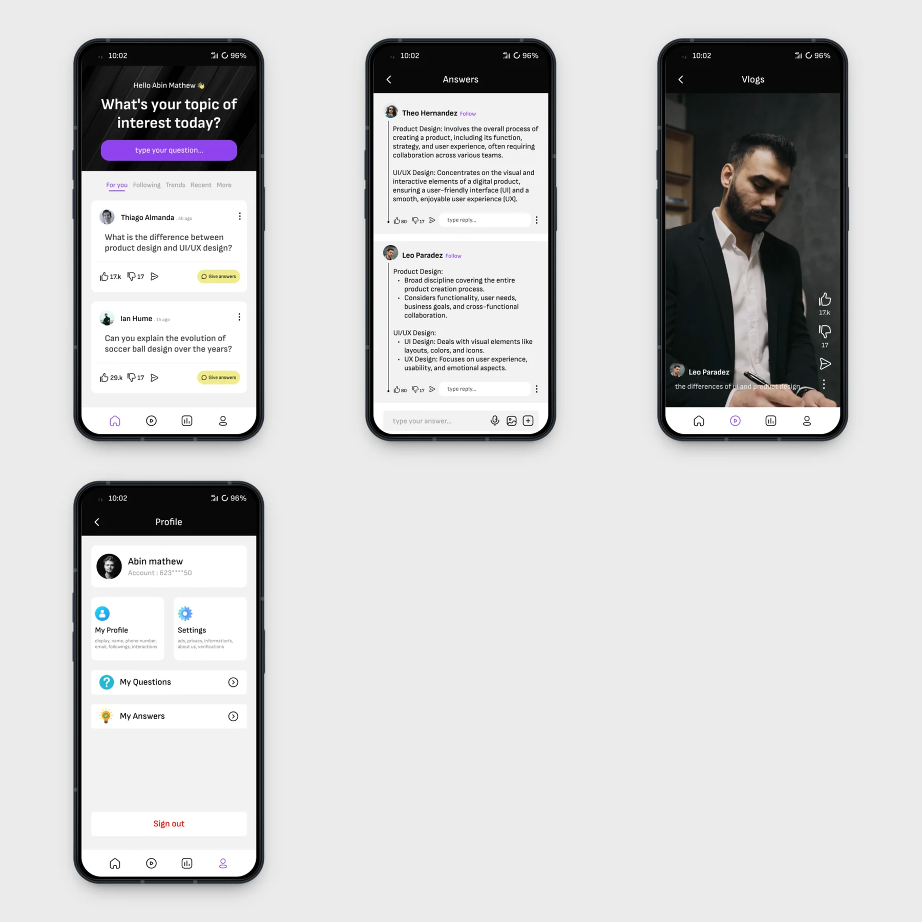 Forum app screens: home feed with questions, answers thread, video vlogs and profile